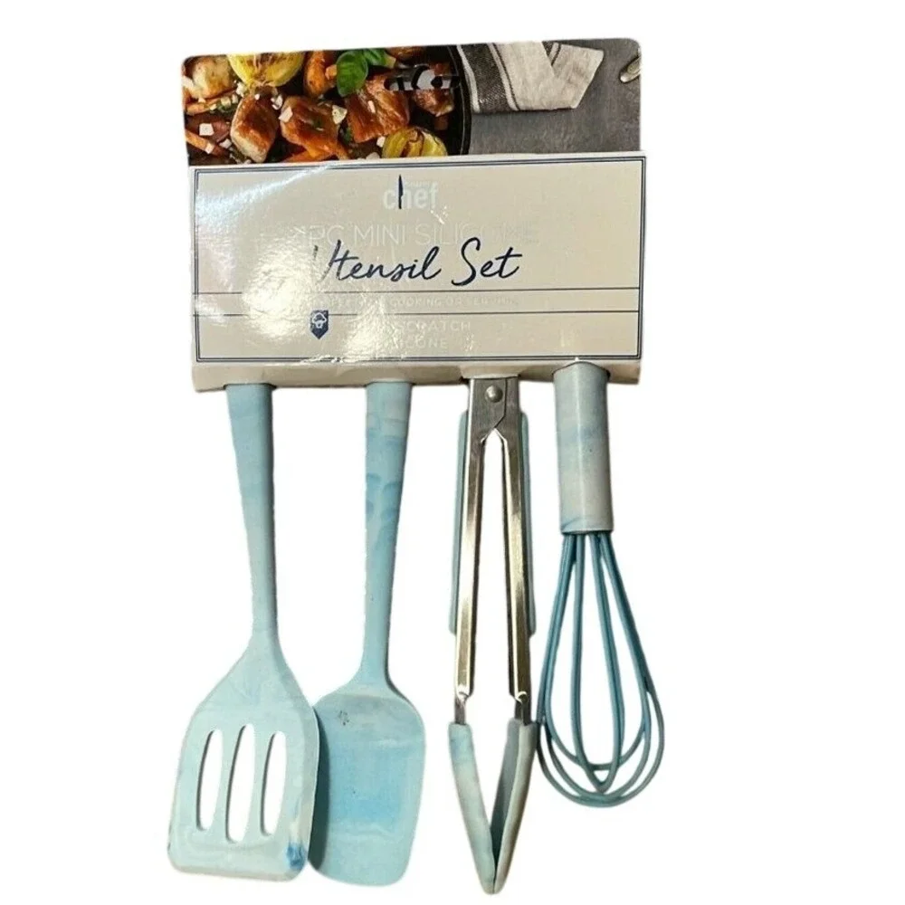 Modern Chef Mini Utensil Set 4pc Blue‎ Marble Silicone Spatula Tongs Whisk NEW